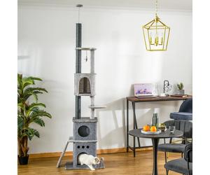 PawHut 255cm Floor To Ceiling Cat Tree for Indoor Cats Climber Scratching Post Adjustable Height Play Tower Removable Cover Grey