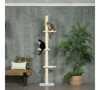 PawHut 260cm Floor to Ceiling Cat Tree, Height Adjustable Kitten Tower with Anti-slip Kit, Multi-Layer Activity Centre w/ Fish-shaped Perches Scratching Post Ball Toy - Yellow Yellow