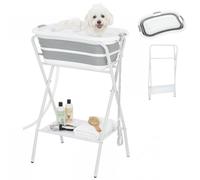 PawHut 27L Collapsible Dog Bath Tub with Stand for Small Dogs & Cats Grey | Foldable Pet Bathtub with Drain Hole & Drain Hose, Elevated Puppy Bath Tub for Indoor & Outdoor