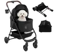 PawHut 3 in 1 Pet Stroller with Detachable Travel Carrier Car Seat Black | Dog Cat Stroller, 4 Wheels Dog Pram Pushchair, Storage Basket, Seat Leashes, Mesh Window, Cupholder, for Small Puppy