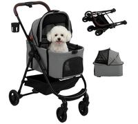 PawHut 3 in 1 Pet Stroller with Detachable Travel Carrier Car Seat Grey | Dog Cat Stroller, 4 Wheels Dog Pram Pushchair with Storage Basket, Seat Leashes, Mesh Window, Cupholder, for Small Puppy
