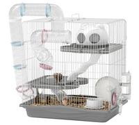 PawHut 3-Tier Hamster Cage Ramp for Dwarf Hamsters 45 x 30 x 45 cm Grey | Gerbil Cage, Exercise Wheel, Tunnel, Water Bottle, Food Dish, Hut