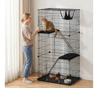 PawHut 3-Tier Large Cat Cage Indoor, Detachable Metal Wire Kennel with Hammock, Platforms, Bottom Tray and Cushions, Large Exercise Place with Ladders and 3 Front Doors for 1-2 Kittens, Black