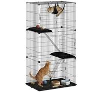 PawHut 3-Tier Large Cat Cage Indoor, Platforms, for 1-2 Kittens, Black | Detachable Metal Wire Kennel, Hammock, Bottom Tray and Cushions, Large Exercise Place, Ladders, 3 Front Doors