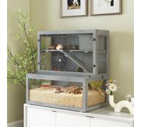 PawHut Wooden Hamster Cage, Large Gerbil Cage with Hut, Wheel, Ramps, 3 Tier Small Animal Habitat with Removable Viewing Panels, 80 x 50 x 84 cm, Grey