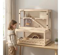 (Yellow) PawHut 3 Tier Wooden Hamster Cage with Hut, Wheel, Ramps