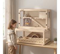 PawHut Wooden Hamster Cage, Large Gerbil Cage with Hut, Wheel, Ramps, 3 Tier Small Animal Habitat with Removable Viewing Panels, 80 x 50 x 84 cm, Natural