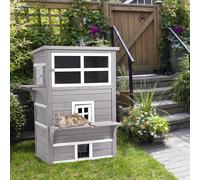 PawHut 3-Tier Wooden Kitten Shelter for Indoor, Outdoor - Grey