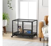 Pawhut 36" Heavy Duty Dog Crate On Wheels W/ Bowl Holder, Removable Tray