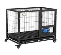 PawHut 36" Heavy Duty Dog Crate with Bowl Holder for Large Dogs, Black | Dog Cage on Wheels, Removable Tray, Openable Top, Detachable Door, Indoor Outdoor Use
