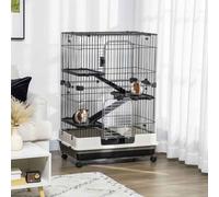 PawHut 4-Level Small Animal Cage, Indoor Bunny House, for Ferrets, Chinchillas w/ Wheels, Slide-Out Tray, Black, 81 x 52.5 x 114 cm Black