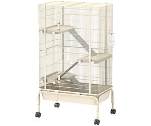 PawHut 4 Levels Rolling Small Animal Cage, Rabbit Cage with 3 Ramps, Water Bottle, Food Dish, 15cm Deep Tray, Beige