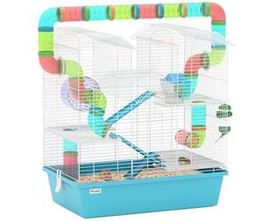 PawHut 4 Tier Hamster Cage with Tube, Exercise Wheel, Hut, Water Bottle, Food Dish, Ramps, DIY Design, Large Hamster Cage for Dwarf, Light Blue