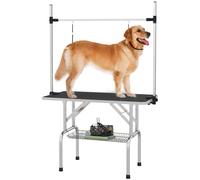 PawHut 42" Dog Grooming Table Adjustable Pet Cat Drying Beauty Table Rubber Top with 2 Loops Storage Basket Metal Black