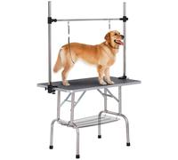 PawHut 42" Foldable Dog Grooming Table Adjustable Pet Cat Drying Beauty Table Rubber Top with 2 Loops Storage Basket Metal Black