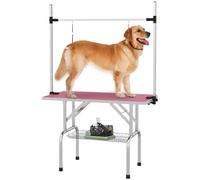PawHut 42" Foldable Dog Grooming Table Adjustable Pet Cat Drying Beauty Table Rubber Top with 2 Loops Storage Basket Metal Pink