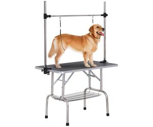 PawHut 42" Foldable Dog Grooming Table Adjustable Pet Cat Drying Beauty Table Rubber Top with 2 Loops Storage Basket Metal Black