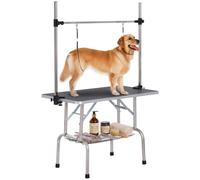 PawHut 42" Foldable Dog Grooming Table Adjustable Pet Cat Rubber Top Black | Drying Beauty Table, 2 Loops, Storage Basket, Metal