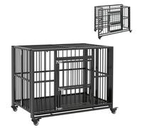 Pawhut 43" Foldable Heavy Duty Dog Crate W/ Locks, Removable Tray, Wheels In Black Black