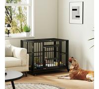 PawHut 43" Heavy Duty Dog Crate, Foldable Dog Cage on Wheels with Double Locks, Removable Tray, Openable Top, Double Doors, Indoor Outdoor Use, for Medium and Large Dogs - Black
