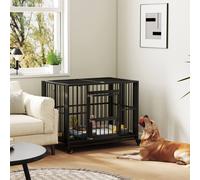 Pawhut 43" Foldable Heavy Duty Dog Crate W/ Locks, Removable Tray, Wheels In Black Black