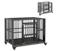 PawHut 43" Heavy Duty Dog Crate, Foldable Dog Cage on Wheels with Double Locks, Removable Tray, Openable Top, Double Doors, Indoor Outdoor Use, for Medium and Large Dogs - Black