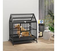Pawhut 43" Heavy Duty Dog Crate On Wheels W/ Removable Tray, Openable Top In Black Black