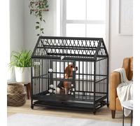 PawHut 48" Heavy Duty Dog Crate, Indoor Outdoor Dog Cage on Wheels with Locks, Removable Tray, Openable Top, 2 Doors, for Large and Extra Large Dog - Black Black