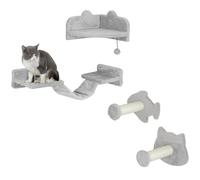 PawHut Cat Wall Shelves, 4 Piece Wall-Mounted Cat Tree with Steps, Ladder, Jumping Platforms, Scratching Posts, Toy Ball, Cat Wall Furniture for Indoor Cats, Light Grey