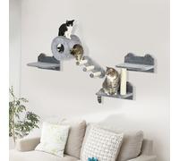 Four-Piece Wall-Mounted Cat Tree with Platforms, Steps, Perch, Cat House - Grey