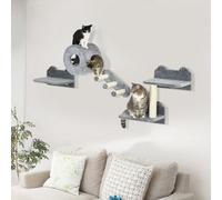 Four-Piece Wall-Mounted Cat Tree with Platforms, Steps, Perch, Cat House - Grey