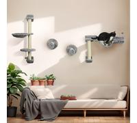 PawHut 4Pcs Wall Mounted Cat Shelves with Hammock, Scratching Post, Grey