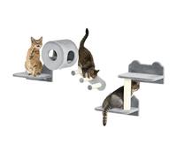 PawHut 4PCs Wall Mounted Cat Tree, Cat Wall Furniture with Platforms, Steps, Scratching Post, Perch, Kitty House for Indoor Kittens - Grey