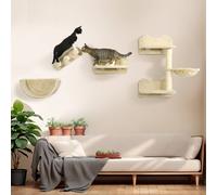 PawHut 4PCs Wall Mounted Cat Tree Cat Wall Shelves Furniture Climbing Shelf Set Kitten Activity Centre with Hammock, Scratching Post - Beige