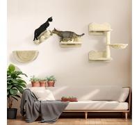 PawHut 4PCs Wall Mounted Cat Tree Cat Wall Shelves Furniture Climbing Shelf Set Kitten Activity Centre w/ Hammock, Scratching Post - Beige Grey