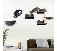 PawHut 4PCs Wall Mounted Cat Tree Cat Wall Shelves W/ Scratching Post Dark Grey - Dark Grey - Particleboard, Plush, Sisal - 1