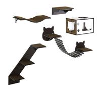 PawHut Wall-Mounted Cat Tree, 5 Piece Cat Wall Shelves with House, Brown