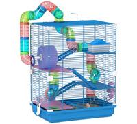 Pawhut 5 Tier Hamster Cage 58H x 46L x 30Wcm Blue | Tube Exercise Wheels, Tunnel, Water Bottle, Dishes, Gerbil Cage