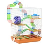 Pawhut 5 Tier Hamster Cage Carrier Habitat W/ Exercise Wheels, Orange, Orange