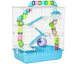 PawHut 5 Tier Hamster Cage, Gerbil Cage with Exercise Wheel, Feeder Bowl, Tube, Water Bottle, 59L x 36W x 69H cm - Light Blue