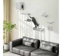 PawHut 6-Piece Cat Wall Furniture Set with Platforms Sisal Post Bed Toy Grey