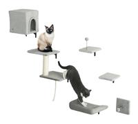 PawHut 6-Piece Cat Wall Shelves Set - Cat Wall Furniture with Condo - Grey | TJ Hughes