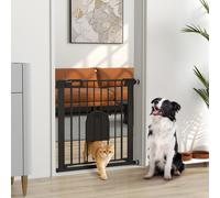 Pawhut Dog Gate With Cat Flap Pet Safety Gate Barrier, Stair Pressure Fit Black Black