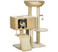 PawHut 95cm Cat Tree Tower w/ Scratching Post, Cat House, Ball, Platform - Beige - Beige - Particle board, Plush, Sisal Rope, PP Cotton, Bushels - 1