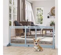 PawHut Adjustable Wooden Pet Gate Freestanding Dog Barrier for Doorway, Grey