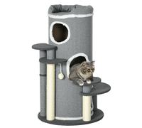 PawHut Cat Tree for Indoor Cats, 3 Tier Cat Tower Barrel Shaped with Sisal Scratching Posts, Cat Bed, Platforms, Hanging Ball, Grey