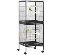 PawHut Bird Cage 2 In 1 with Wheels for Finch Canaries Cockatiels Black | Budgie Cage, Large Aviary, Removable Trays
