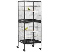 PawHut Bird Cage Budgie Cage 2 In 1 Large Aviary with Wheels Removable Trays for Finch Canaries Cockatiels Black
