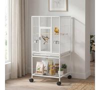 PawHut Detachable Bird Cage on Wheels, for Finches, Parakeets, Budgies, Budgie Cage, Parrot Aviary with Accessories, Storage Shelf - White