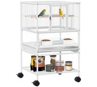 Pawhut Bird Cage, Metal Parrot Cage with Rolling Stand Wheels, Acrylic Viewing Panels, Storage Shelf, Slide-out Tray, Perches, Feeders, for Budgie, Parakeet, Canary, Finch, White, 48 x 46 x 83 cm